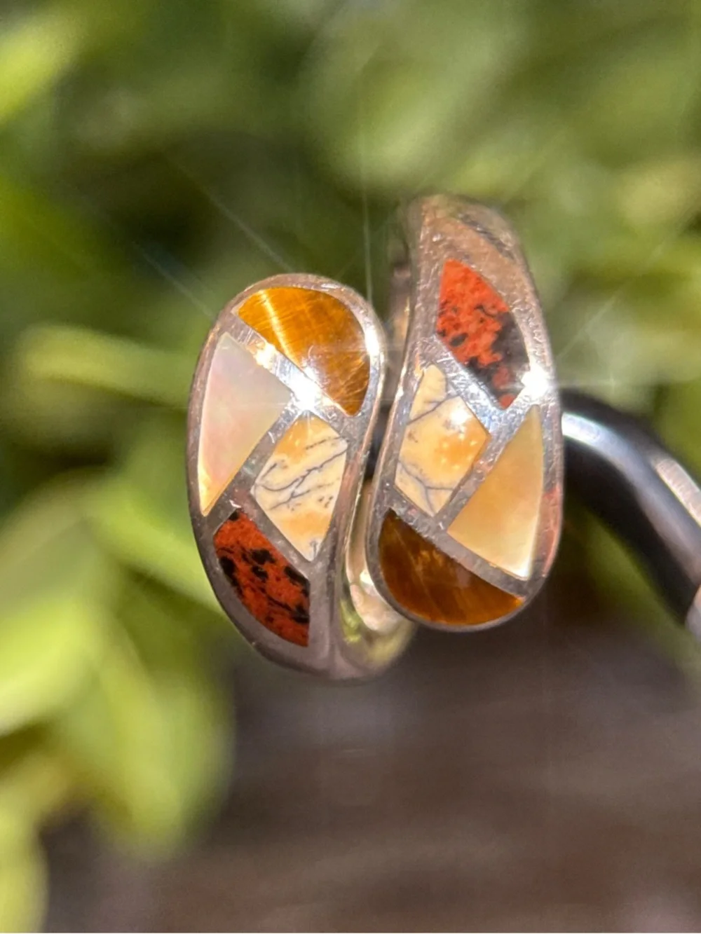 Sterling Silver 925 Multi-Stone Inlay Silver Wrap Ring - Brown, Tan, Cream Inlay